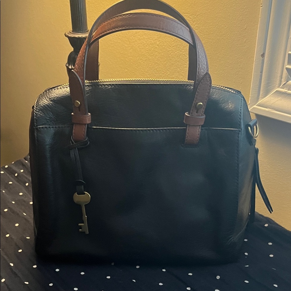 Fossil Black Leather Crossbody Satchel with Brown Handles
